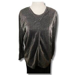 TRADITION Dark silver grey metallic faux twin set top ~ MEDIUM LARGE "cardigan"